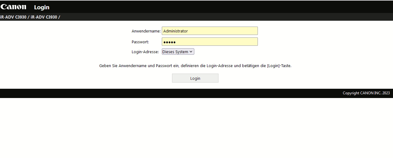 Canon Administrator Passwort Zugriff Browser / Remote UI info