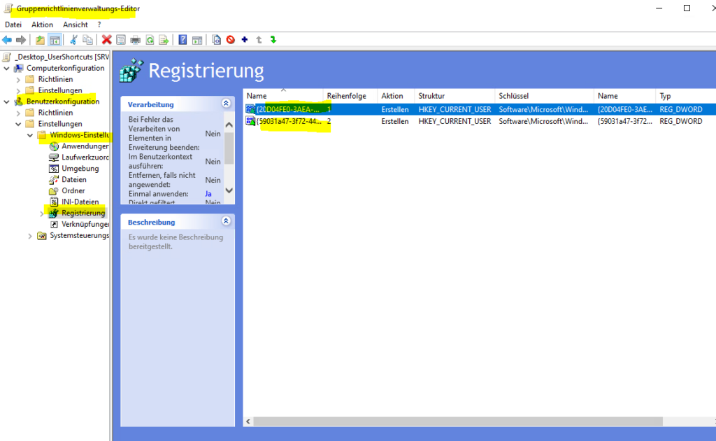 GPO zur Konfiguration der Desktop - Shortcuts mit Registrierungseinträgen