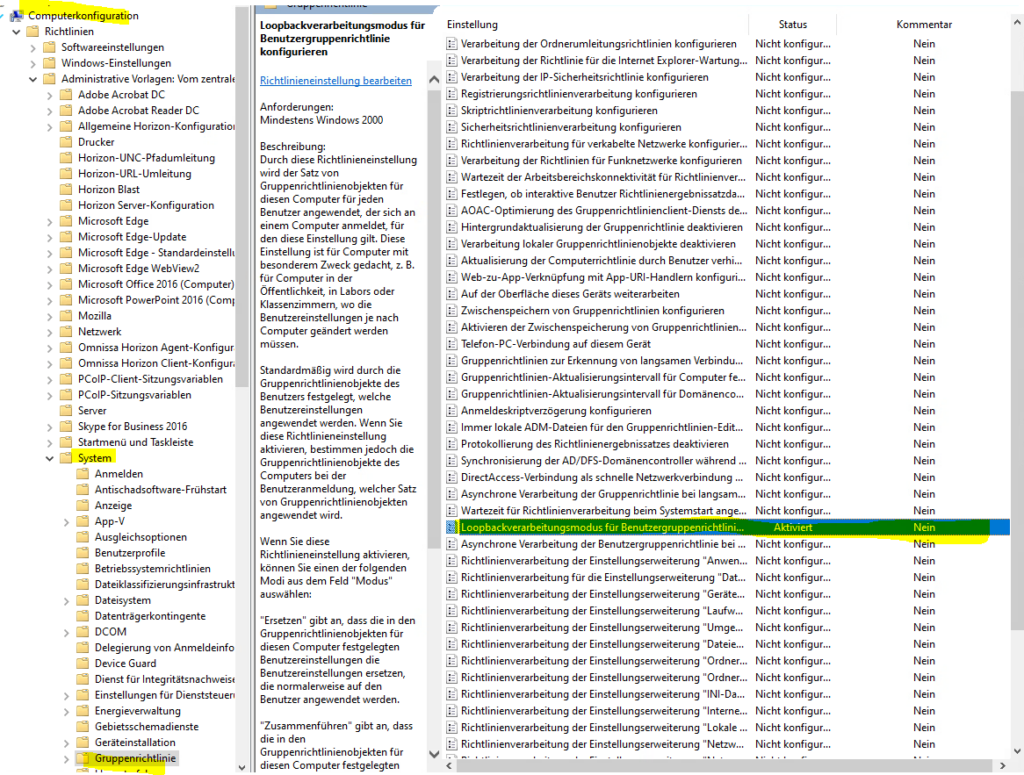 GPO Einstellung zur Aktivierung der Loopbackverarbeitung