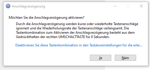 Taste für die Aktivierung der Anschlagverzögerung - Windows Fenster